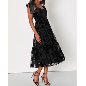 NWT Lulus Sweet Essence Black Floral Burnout Velvet Tie-Strap Midi Dress XL